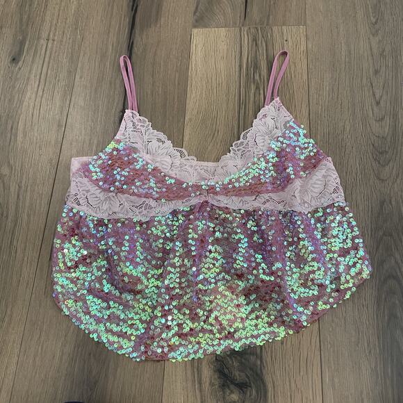 NEW Free People Intimately Right Rhythm Sequin Cami Sz Small Lollipop Pink Combo - Picture 1 of 7